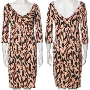 DVF Size 6 Silk Knee Length Sheath Dress Cowl Neck V Back Pockets 3/4 Sleeves